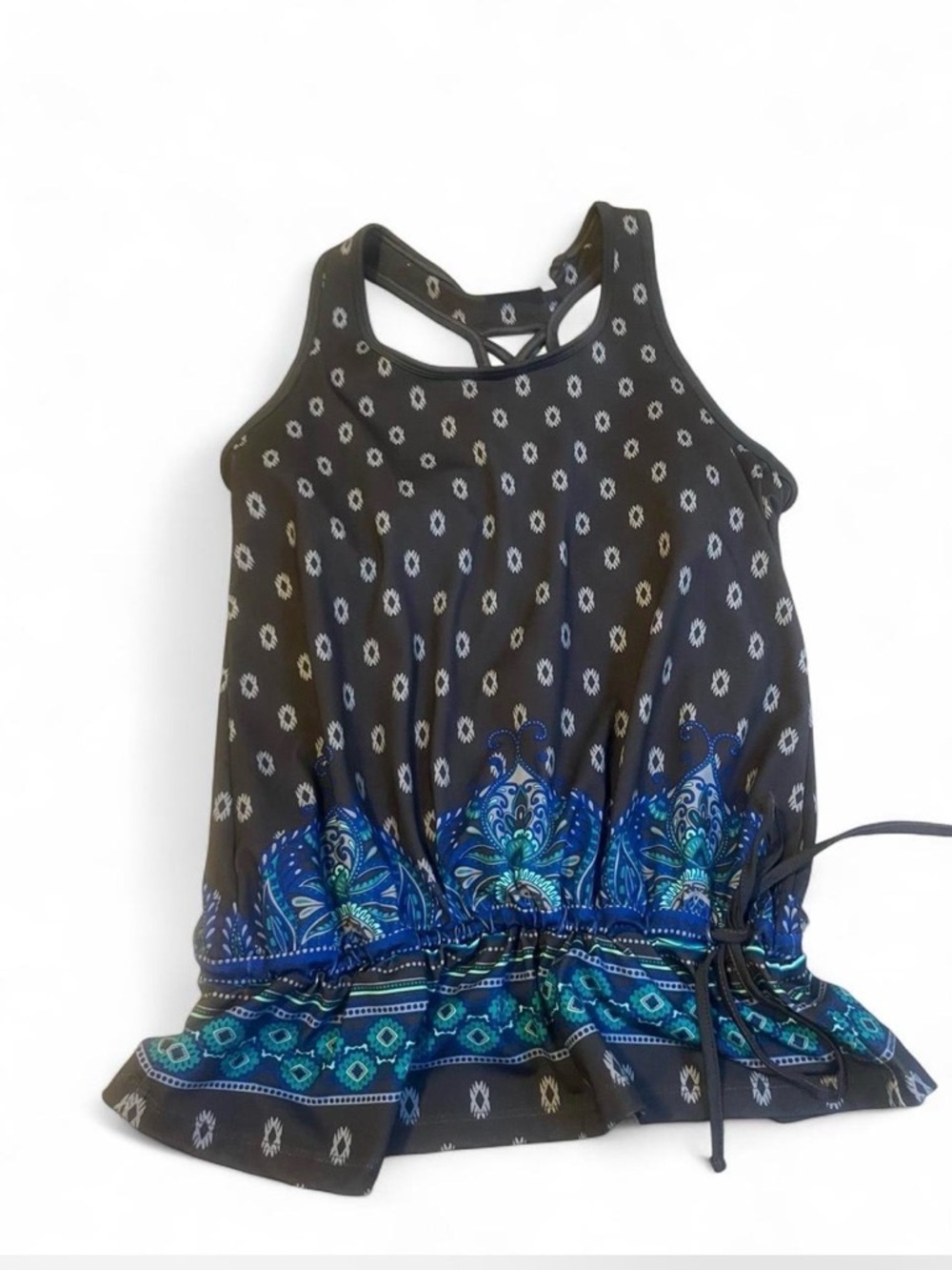 Athleta Black Tank Top with Blue Teal Border Print athletic wear